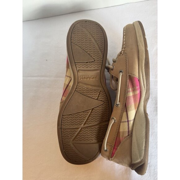 SPERRY Top Sider Beige Boat Shoes with Pastel Plaid TrIm Women's Size 8M EUC - Picture 2 of 7